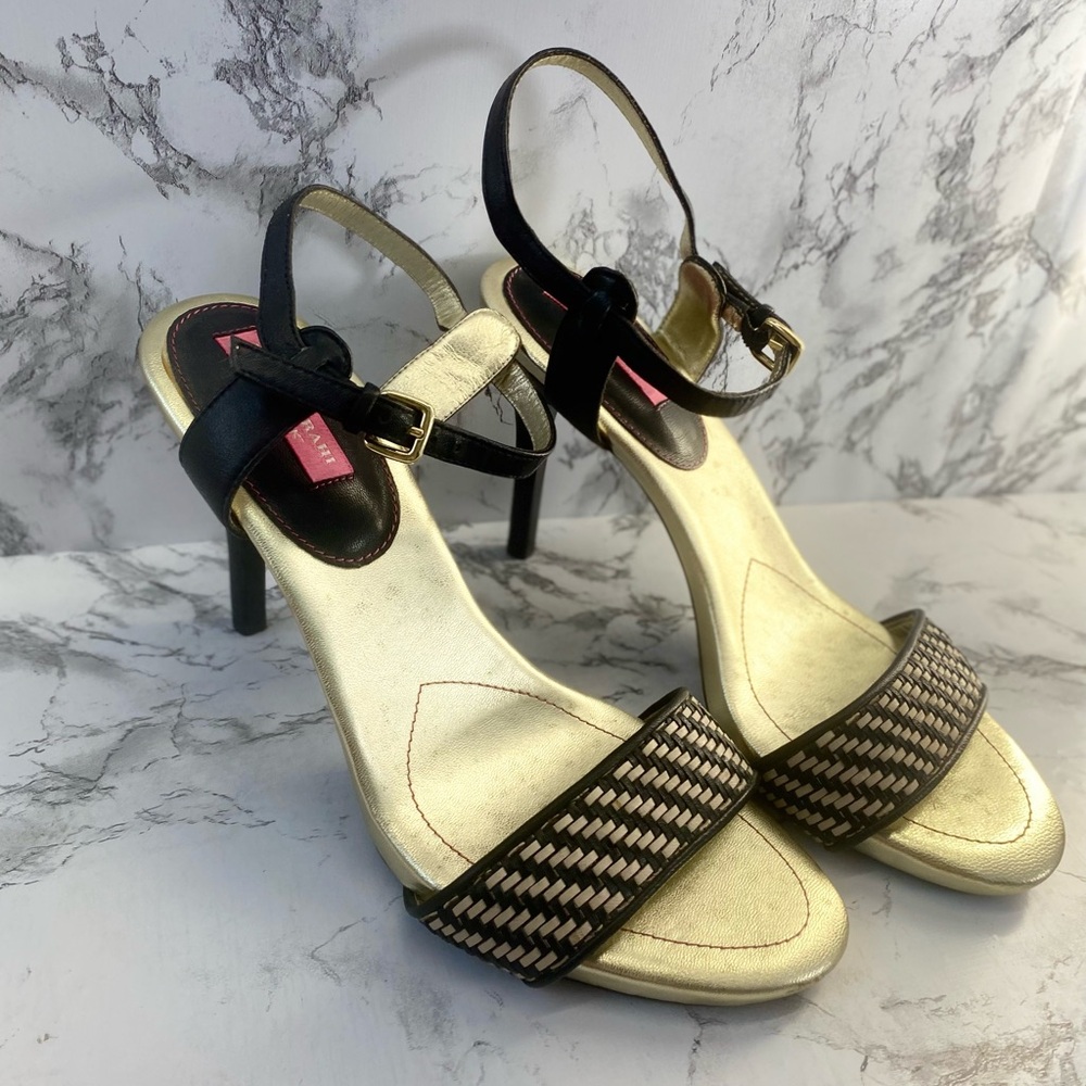 Isaac Mizrahi Isabelle Black & Gold 4 inch Stiletto Heels Size 8.5